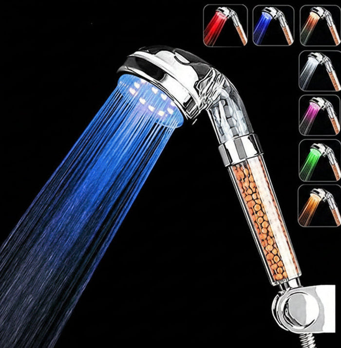 Seven-color LED handheld shower head in chrome finish